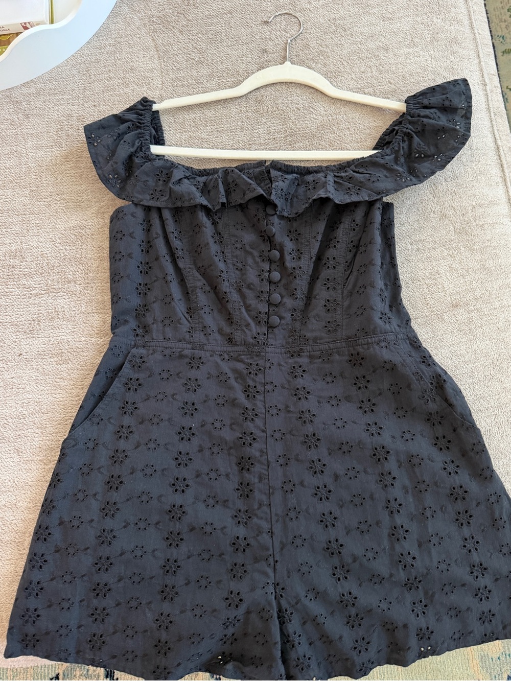 NWOT UO Kimchi Blue Jeena Black Eyelet Off-Shoulder Romper with Ruffle Neckline